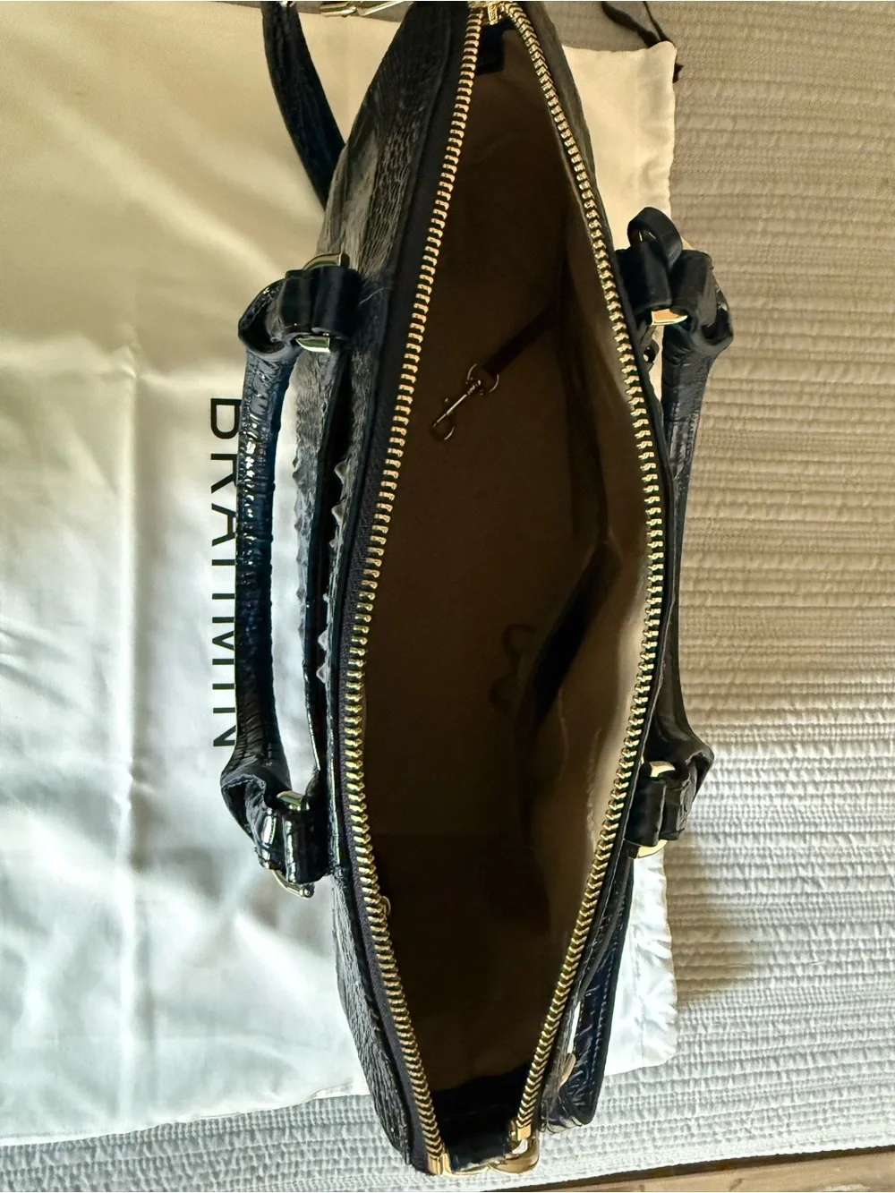 Brahmin Shiny Blue Croc-Embossed Tote with Gold Accents